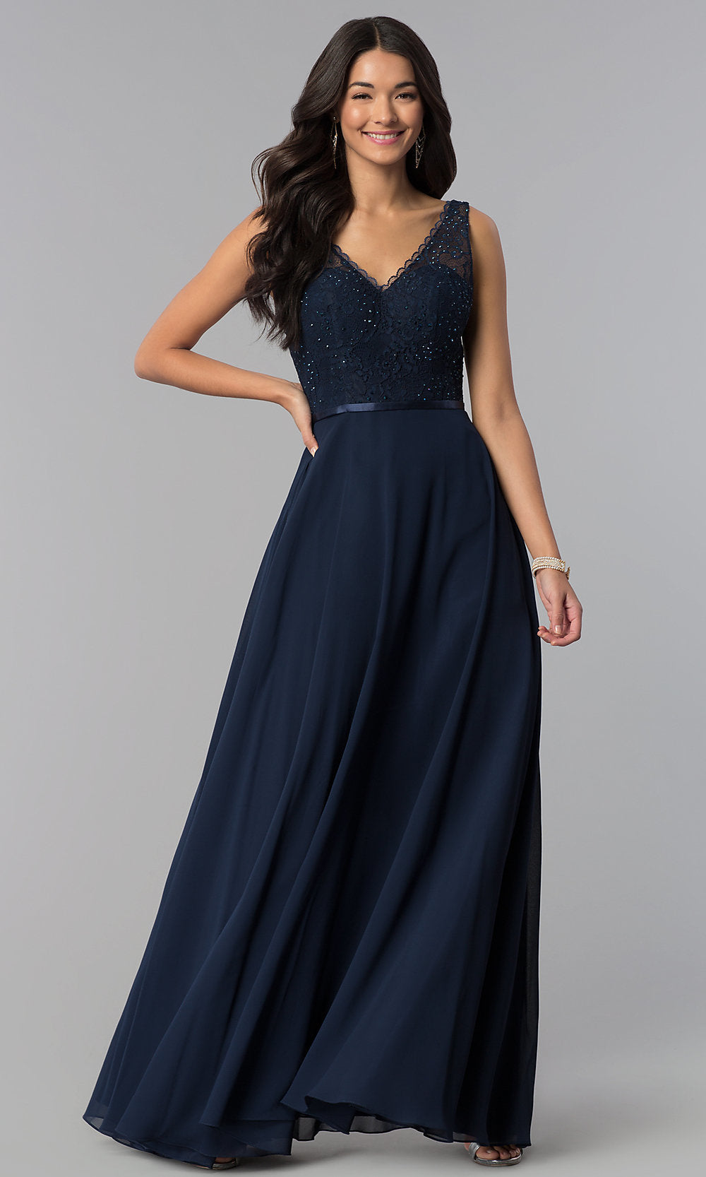 Dancing Queen-V-Neck Sleeveless Lace-Bodice Long Prom Dress